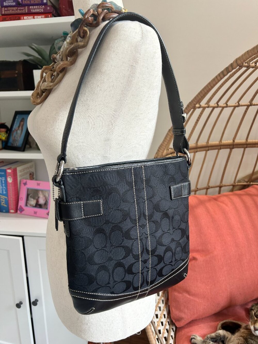 Coach Signature Shoulder Bag | Black Monogram Canvas Leather Buckle Accent - Picture 9 of 13